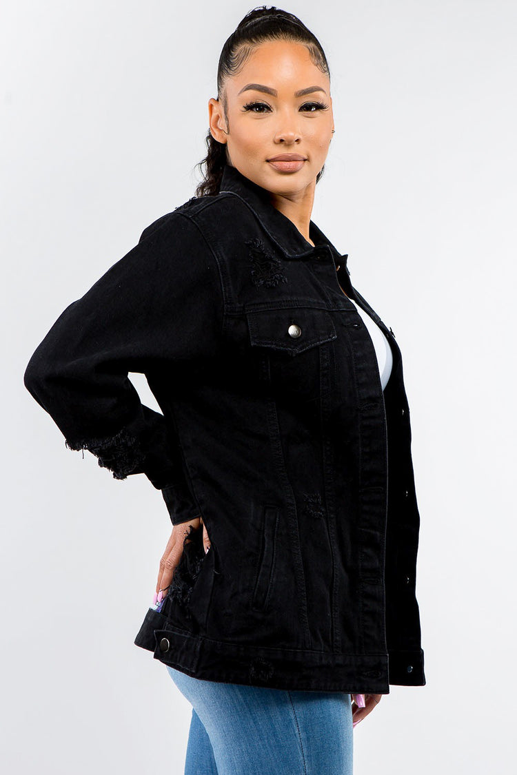 American Bazi Full Size Button Up Distressed Black Denim Jacket