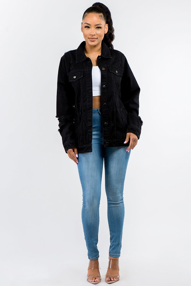 American Bazi Full Size Button Up Distressed Black Denim Jacket