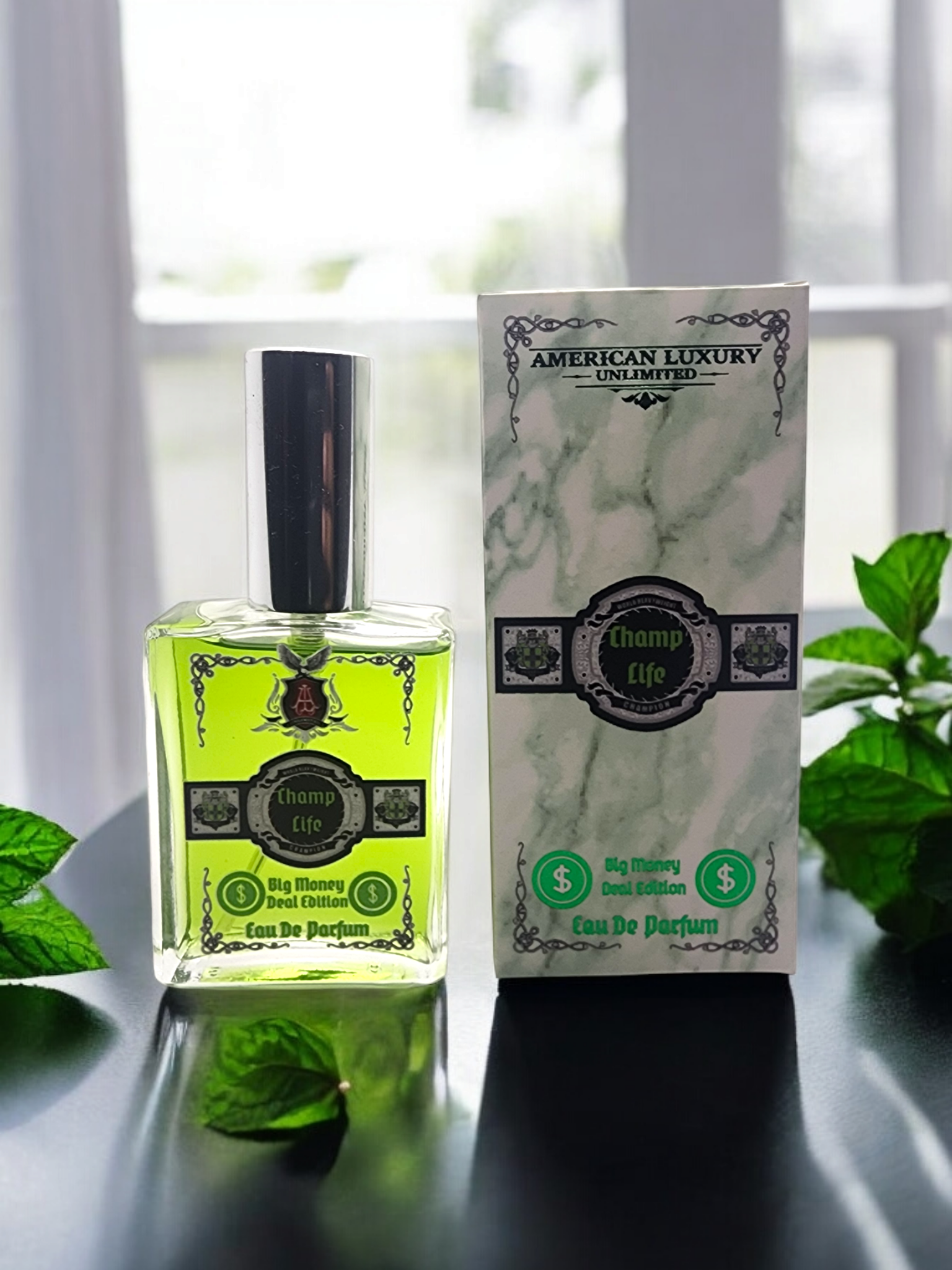 Men's fragrance with spearmint, saffron, and pink pepper top notes on table.