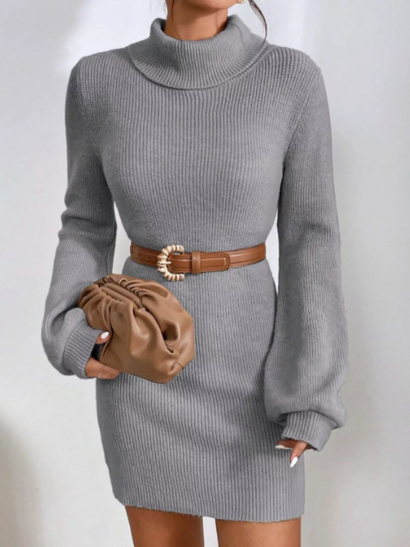 Turtleneck Ribbed Knit Sweater Dress Gray / XL Turtleneck Ribbed Knit Sweater Dress Gray / XL