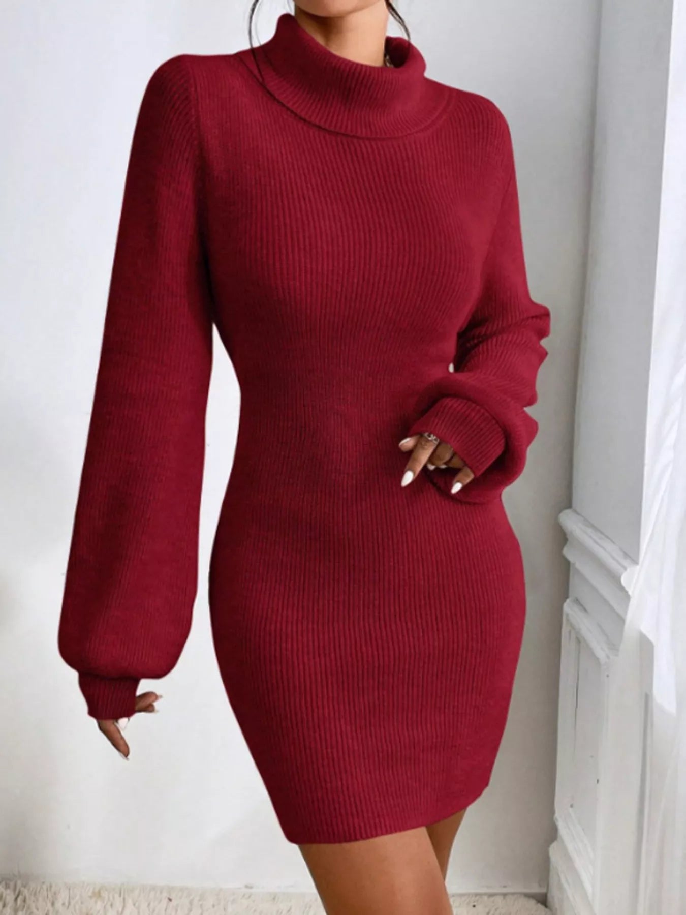 Cream Beige Turtleneck Ribbed Knit Short Sweater Dress Wine Red / M By Trendsi Cream Beige Turtleneck Ribbed Knit Short Sweater Dress Wine Red / M By Trendsi