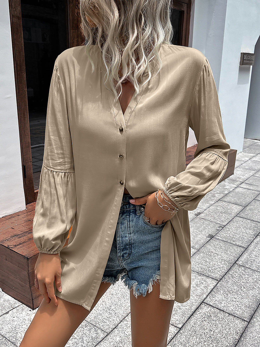 Ivy Lane Notched Neck Balloon Sleeve Shirt