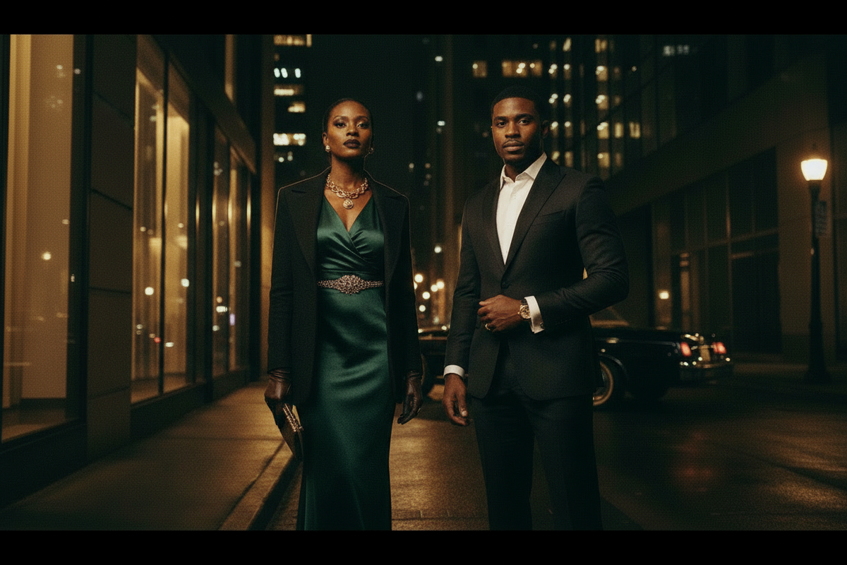A woman stands on a city street at night wearing a long black coat over a deep teal-green satin dress with a jeweled waist detail, holding a small black clutch. A dark convertible car is parked behind her, and illuminated buildings line the background.